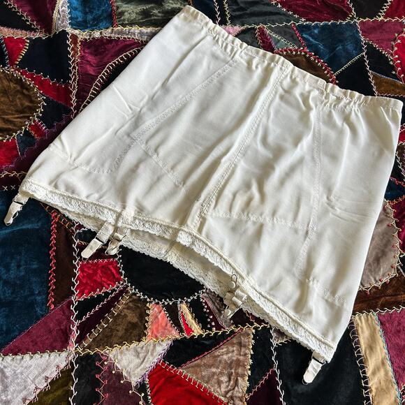 Vintage 50s High Waist Peek-a-Boo Mesh Girdle Skirt + Metal Garter Clips - Picture 1 of 6